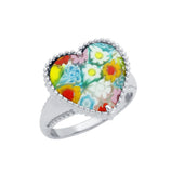 .925 Sterling Silver Multicolor Murano Millefiori Heart Shaped Bead Design Ring, <b>size: 6</b>