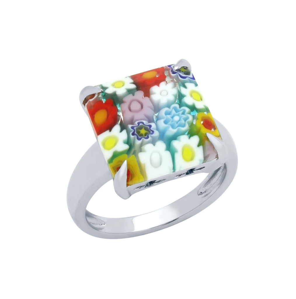 .925 Sterling Silver Multicolor Murano Millefiori 13mm Square Ring, <b>size: 6</b>