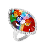 .925 Sterling Silver Multicolor Murano Millefiori Marquise Ring With Cz Halo, <b>size: 6</b>