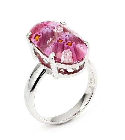 .925 Sterling Silver Murano Millefiori Faceted Pink 10x20mm Oval Ring, <b>size: 6</b>