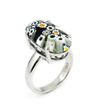 .925 Sterling Silver Murano Millefiori Faceted Black And White 10x20mm Oval Ring, <b>size: 6</b>