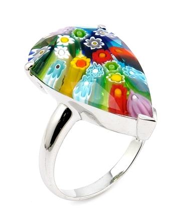 .925 Sterling Silver Murano Millefiori Faceted Multicolor 14x22mm Drop Shape Ring, Size 6