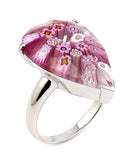 .925 Sterling Silver Murano Millefiori Faceted Pink 14x22mm Drop Shape Ring, <b>size: 6</b>