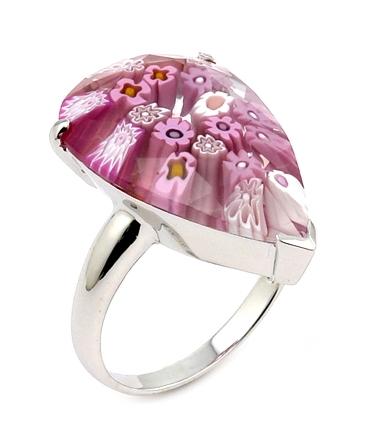 .925 Sterling Silver Murano Millefiori Faceted Pink 14x22mm Drop Shape Ring, <b>size: 6</b>