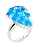 .925 Sterling Silver Murano Millefiori Faceted Light Blue 14x22mm Drop Shape Ring, <b>size: 6</b>