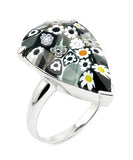 .925 Sterling Silver Murano Millefiori Faceted Black And White 14x22mm Drop Shape Ring, <b>size: 6</b>