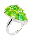 .925 Sterling Silver Murano Millefiori Faceted Green 14x22mm Drop Shape Ring, <b>size: 6</b>