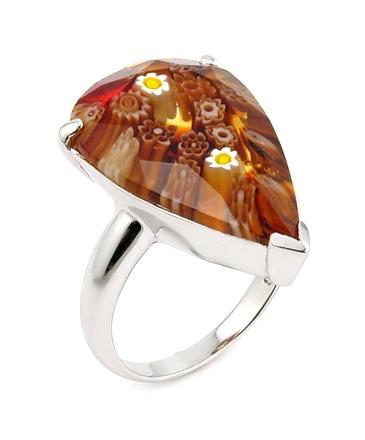 .925 Sterling Silver Murano Millefiori Faceted Brown 14x22mm Drop Shape Ring, Size 6