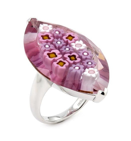 .925 Sterling Silver Murano Millefiori Faceted Pink 20x35mm Large Marquise Shape Ring, <b>size: 6</b>