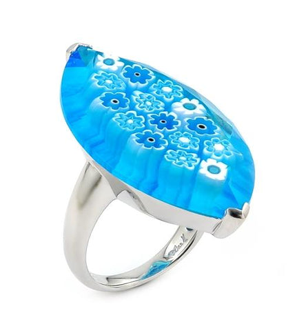 .925 Sterling Silver Murano Millefiori Faceted Light Blue 20x35mm Large Marquise Shape Ring, <b>size: 6</b>