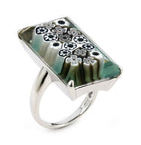 .925 Sterling Silver Murano Millefiori Faceted Black And White 16x27mm Rectangular Shape Ring, <b>size: 6</b>