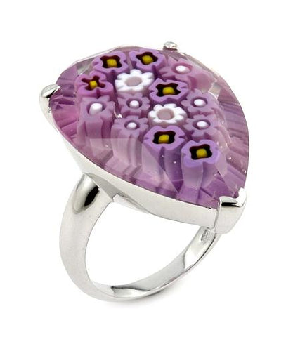 .925 Sterling Silver Murano Millefiori Faceted Pink 20x28mm Pear Shape Ring, <b>size: 6</b>