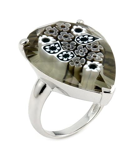 .925 Sterling Silver Murano Millefiori Faceted Black And White 20x28mm Pear Shape Ring, <b>size: 6</b>