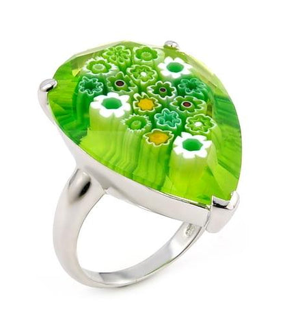 .925 Sterling Silver Murano Millefiori Faceted Green 20x28mm Pear Shape Ring, Size 9