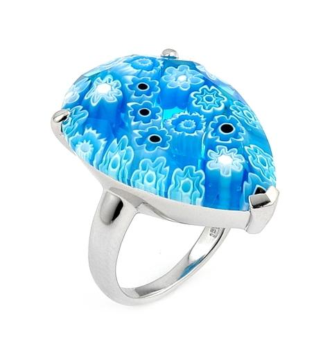 .925 Sterling Silver Murano Millefiori Faceted Light Blue 20x28mm Pear Shape Ring, Size 8