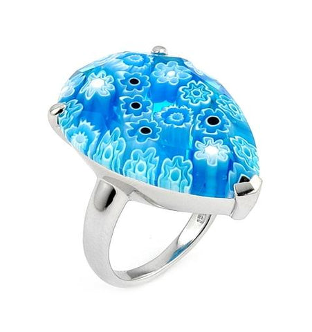 .925 Sterling Silver Murano Millefiori Faceted Light Blue 20x28mm Pear Shape Ring, Size 8