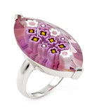 .925 Sterling Silver Murano Millefiori Faceted Pink 18x32mm Marquise Shape Ring, <b>size: 6</b>