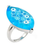 .925 Sterling Silver Murano Millefiori Faceted Light Blue 18x32mm Marquise Shape Ring, <b>size: 6</b>