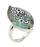 .925 Sterling Silver Murano Millefiori Faceted Black And White 18x32mm Marquise Shape Ring, <b>size: 6</b>