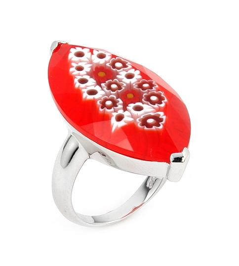 .925 Sterling Silver Murano Millefiori Faceted Red 18x32mm Marquise Shape Ring, <b>size: 6</b>