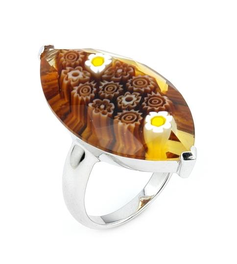 .925 Sterling Silver Murano Millefiori Faceted Brown 18x32mm Marquise Shape Ring, <b>size: 6</b>