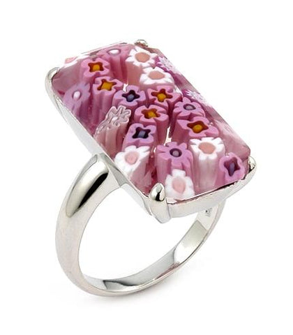 .925 Sterling Silver Murano Millefiori Faceted Pink 14x25mm Small Rectangular Shape Ring, Size 6