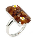 .925 Sterling Silver Murano Millefiori Faceted Brown 14x25mm Small Rectangular Shape Ring, <b>size: 6</b>