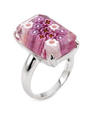 .925 Sterling Silver Murano Millefiori Faceted Pink 14x20mm Small Rectangular Shape Ring, <b>size: 6</b>