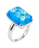 .925 Sterling Silver Murano Millefiori Faceted Light Blue 14x20mm Small Rectangular Shape Ring, <b>size: 6</b>