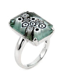 .925 Sterling Silver Murano Millefiori Faceted Black And White 14x20mm Small Rectangular Shape Ring, <b>size: 6</b>