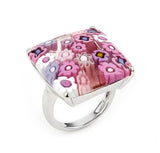 .925 Sterling Silver Murano Millefiori Faceted Pink 22x22mm Square Ring, <b>size: 6</b>