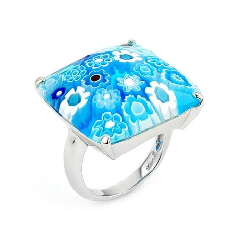 .925 Sterling Silver Murano Millefiori Faceted Light Blue 22x22mm Square Ring, Size 6