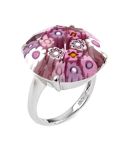 .925 Sterling Silver Murano Millefiori Faceted 20mm Pink Color Round Ring, <b>size: 7</b>