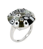 .925 Sterling Silver Murano Millefiori Faceted 20mm Black And White Ring, <b>size: 6</b>