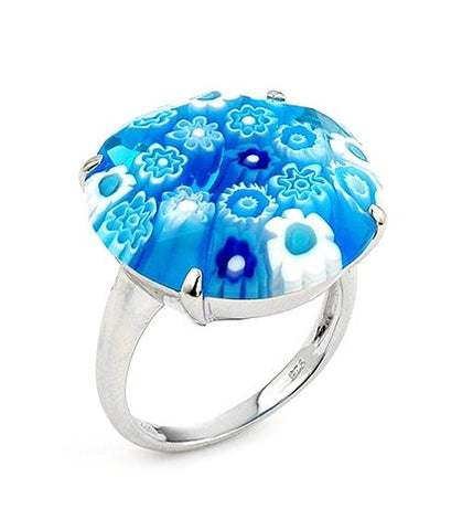 .925 Sterling Silver Murano Millefiori Faceted 20mm Light Blue Color Ring, Size 6