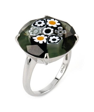 .925 Sterling Silver Murano Millefiori Faceted 18mm Black And White Ring, <b>size: 6</b>