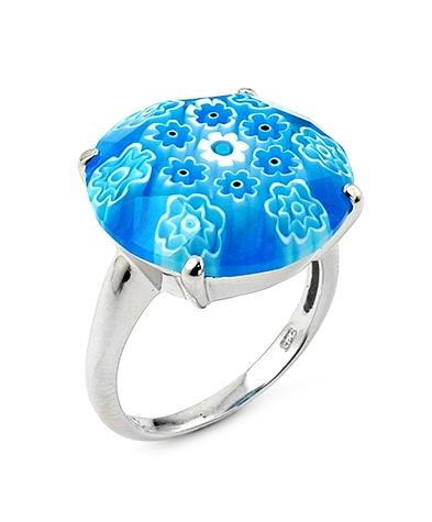 .925 Sterling Silver Murano Millefiori Faceted 18mm Light Blue Ring, Size 6