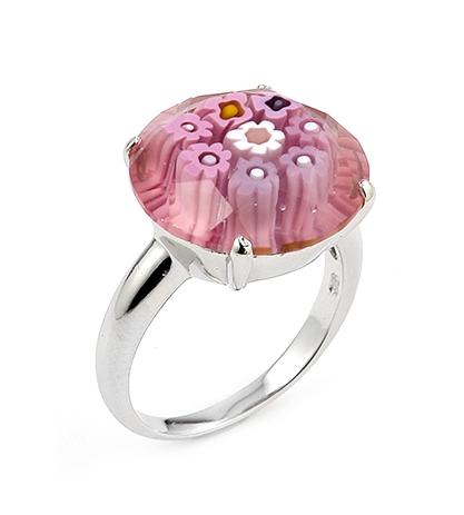 .925 Sterling Silver Murano Millefiori Faceted 16mm Pink Color Ring, Size 7