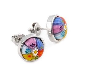 .925 Sterling Silver Multicolor Murano Millefiori 10mm Round Stud Earrings