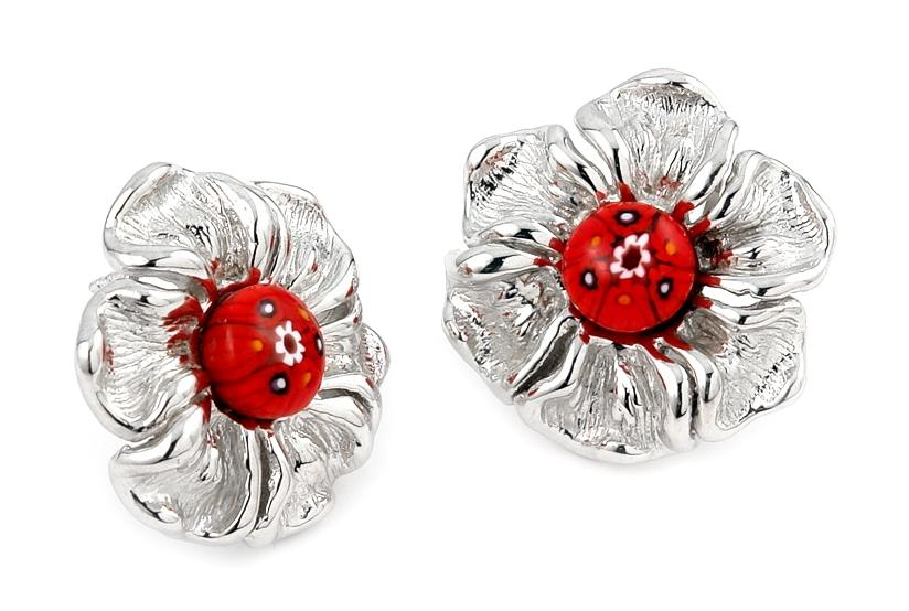 .925 Sterling Silver Red Murano Millefiori Electroform Flower Earrings