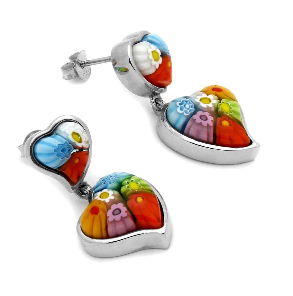 .925 Sterling Silver Double Heart Murano Millefiori Earring