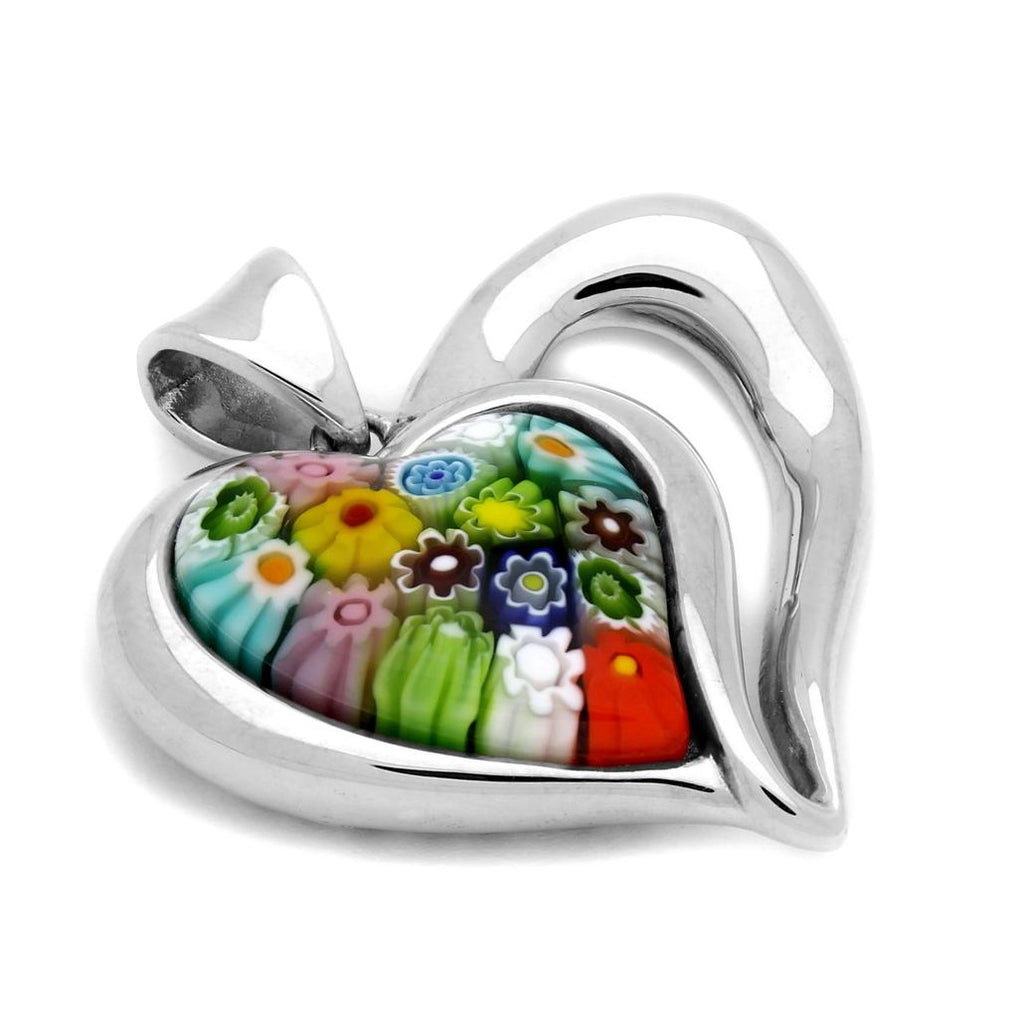 .925 Sterling Silver Murano Millefiori Multicolor Heart Pendant With Silver Frame