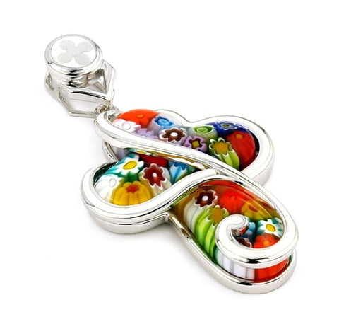 .925 Sterling Silver Murano Millefiori Multicolor Elegant Design Cross Pendant