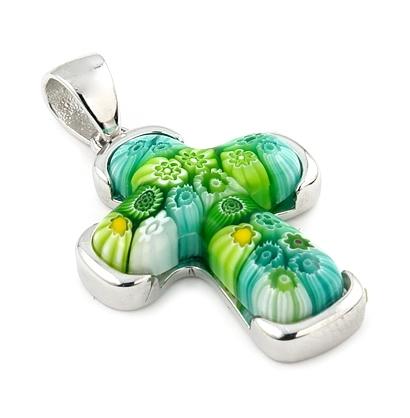 .925 Sterling Silver Green Murano Millefiori Cross Pendant