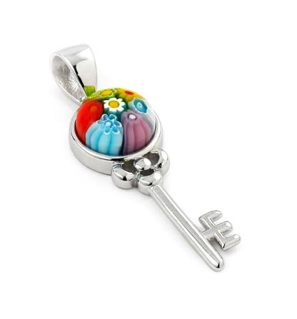 .925 Sterling Silver Multicolor Round Murano Millefiori Key Pendant