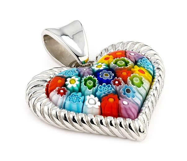 .925 Sterling Silver Murano Millefiori Multicolor Heart Pendant With Silver Frame