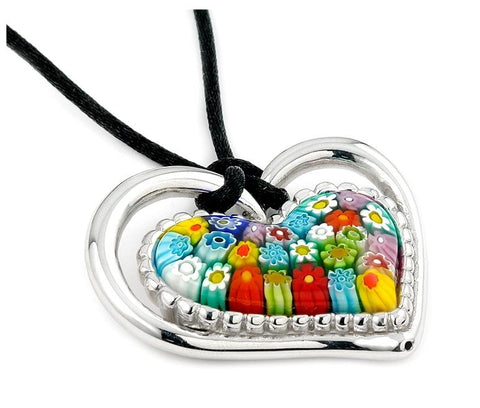 .925 Sterling Silver Murano Millefiori Multicolor Double Heart Pendant With Cord 19"