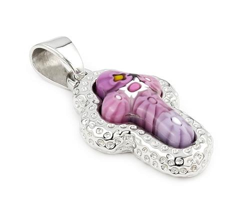 .925 Sterling Silver Murano Millefiori Pink Cross Pendant With Electroform Silver Frame