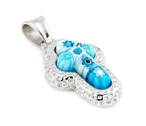 .925 Sterling Silver Murano Millefiori Light Blue Cross Pendant With Electroform Silver Frame