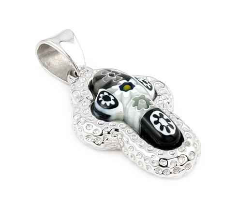 .925 Sterling Silver Murano Millefiori Black And White Cross Pendant With Electroform Silver Frame